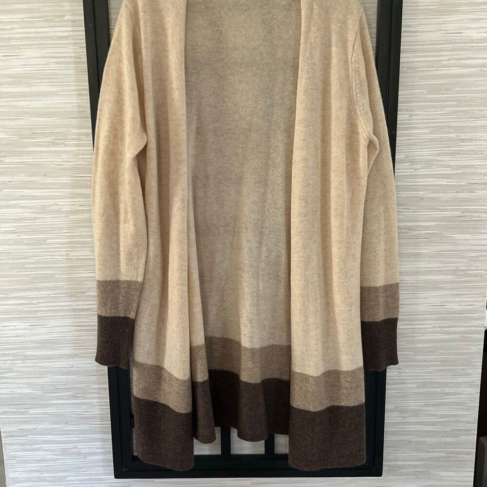 Caroline Grace 100% cashmere beige long tunic cardigan sweater with brown detail
